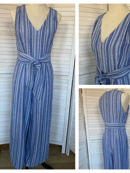 Calvin Klein Pants - Calvin Klein Blue/White Striped  Linen V-Neck Sleeveless Tie Waist Jumpsuit 10